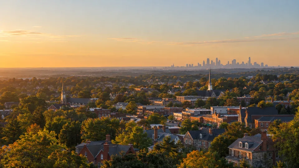 Rooftops, trees and church steeples across a Philadelphia-area town at golden hour, with the city skyline on the horizon.