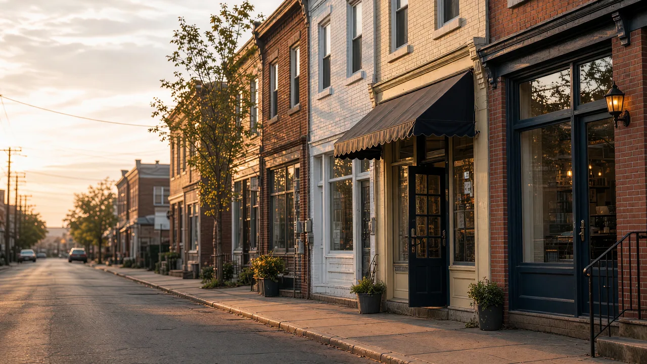 A row of brick storefronts on a small-town main street at golden hour, with a navy awning over a shop door and planters on the sidewalk.